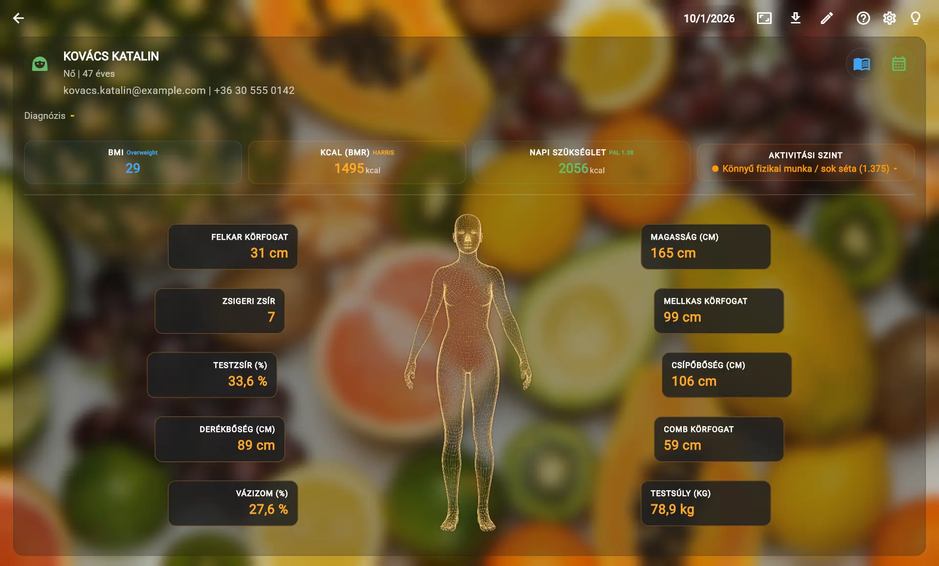 A Digitális Iker irányítópultja: BMI, BMR, napi energiaszükséglet és a testösszetétel mért értékei egy páciens adatlapján.
